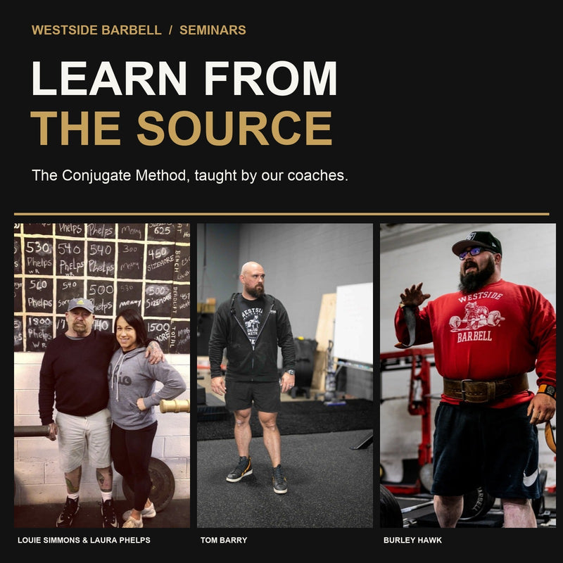 Learn from the source: Louie Simmons and Laura Phelps, Tom Barry, and Burley Hawk at Westside Barbell.