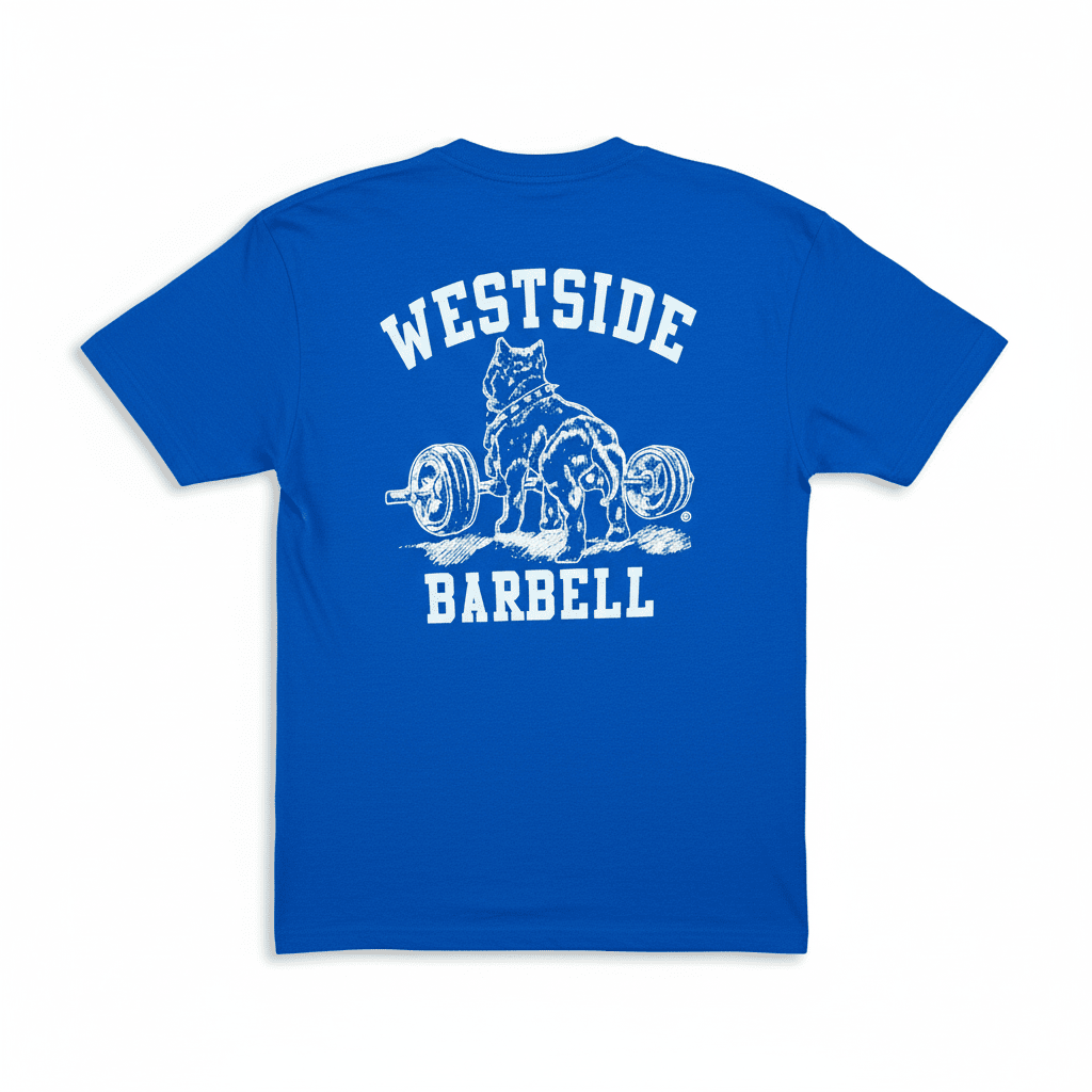 Blue t-shirt with 'Westside Barbell' graphic and text on a white background