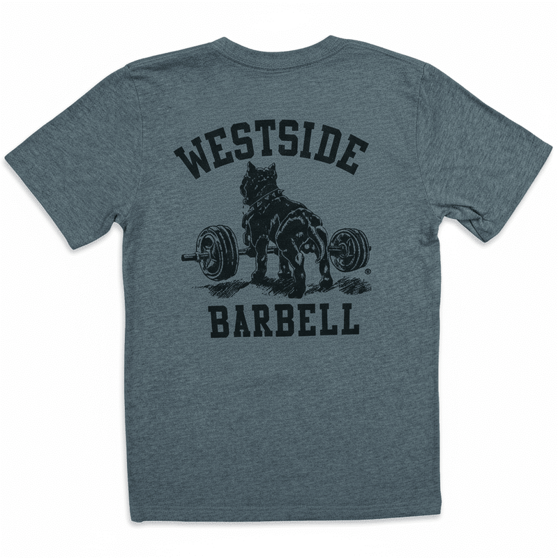 Blue t-shirt with 'Westside Barbell' graphic on a white background