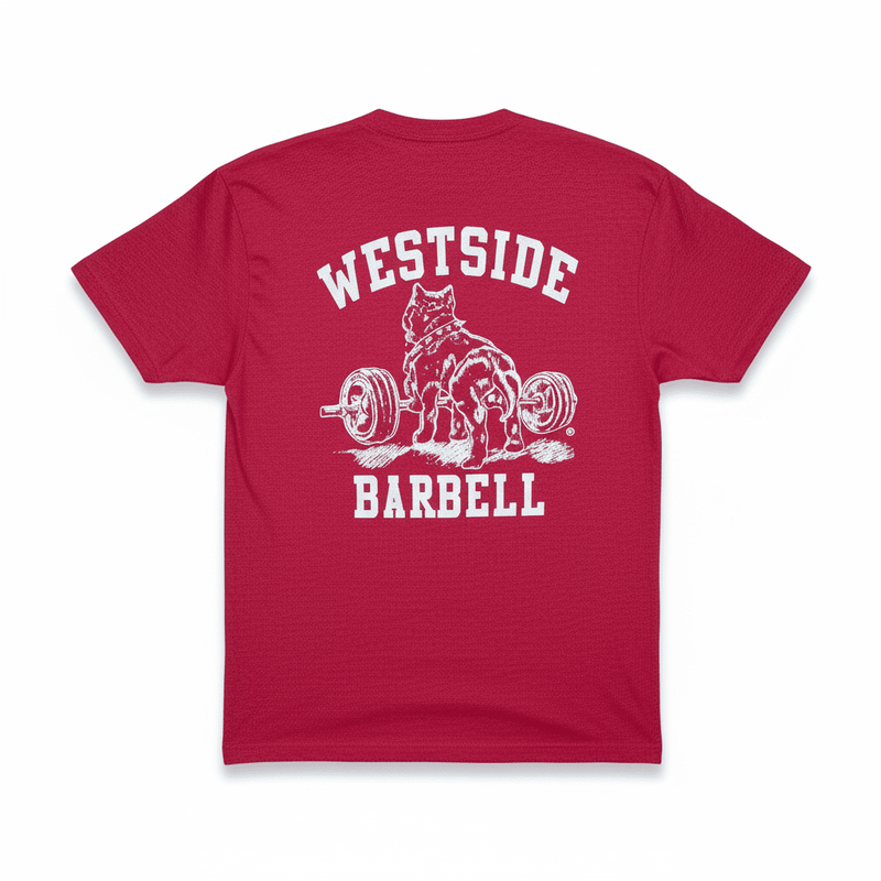 Red t-shirt with 'Westside Barbell' graphic on a white background
