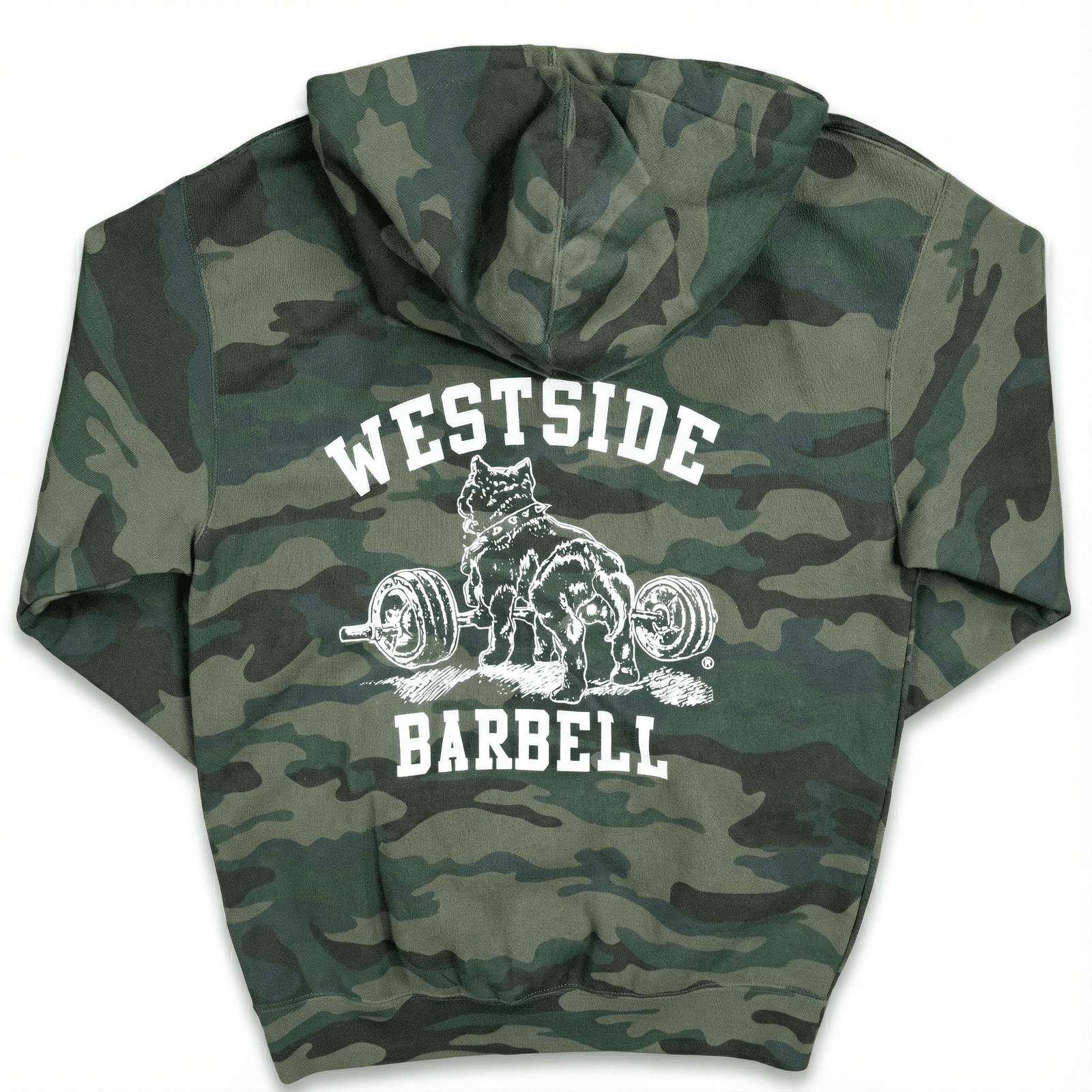 Camouflage hoodie with 'Westside Barbell' graphic on a white background