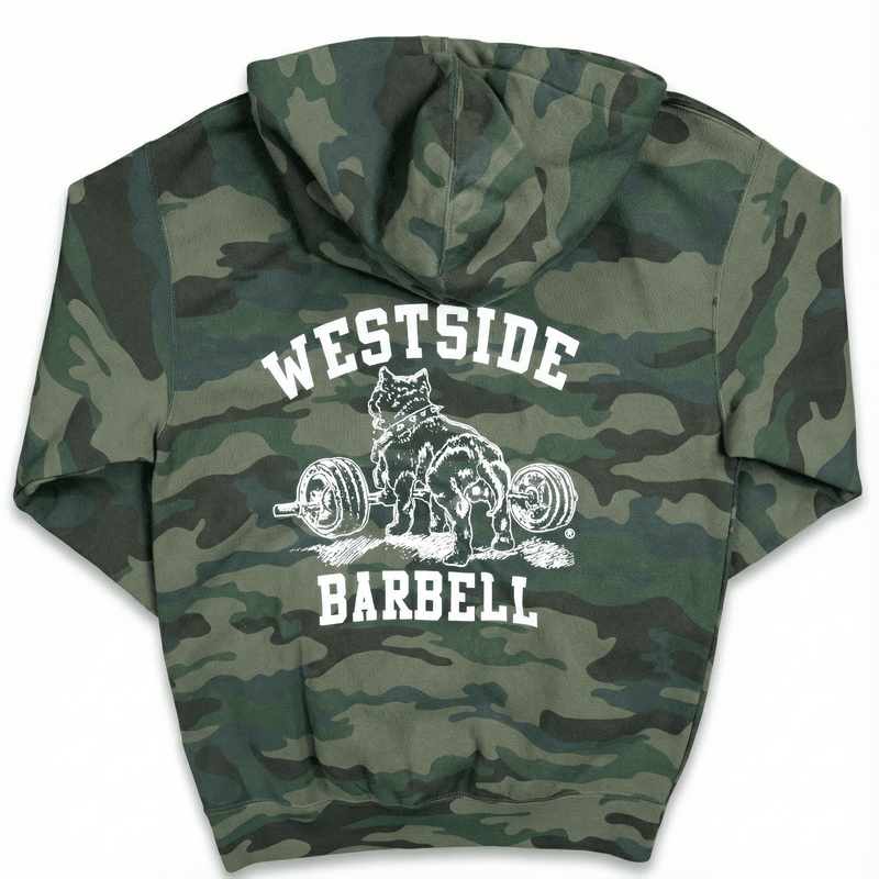 Camouflage hoodie with 'Westside Barbell' graphic on a white background