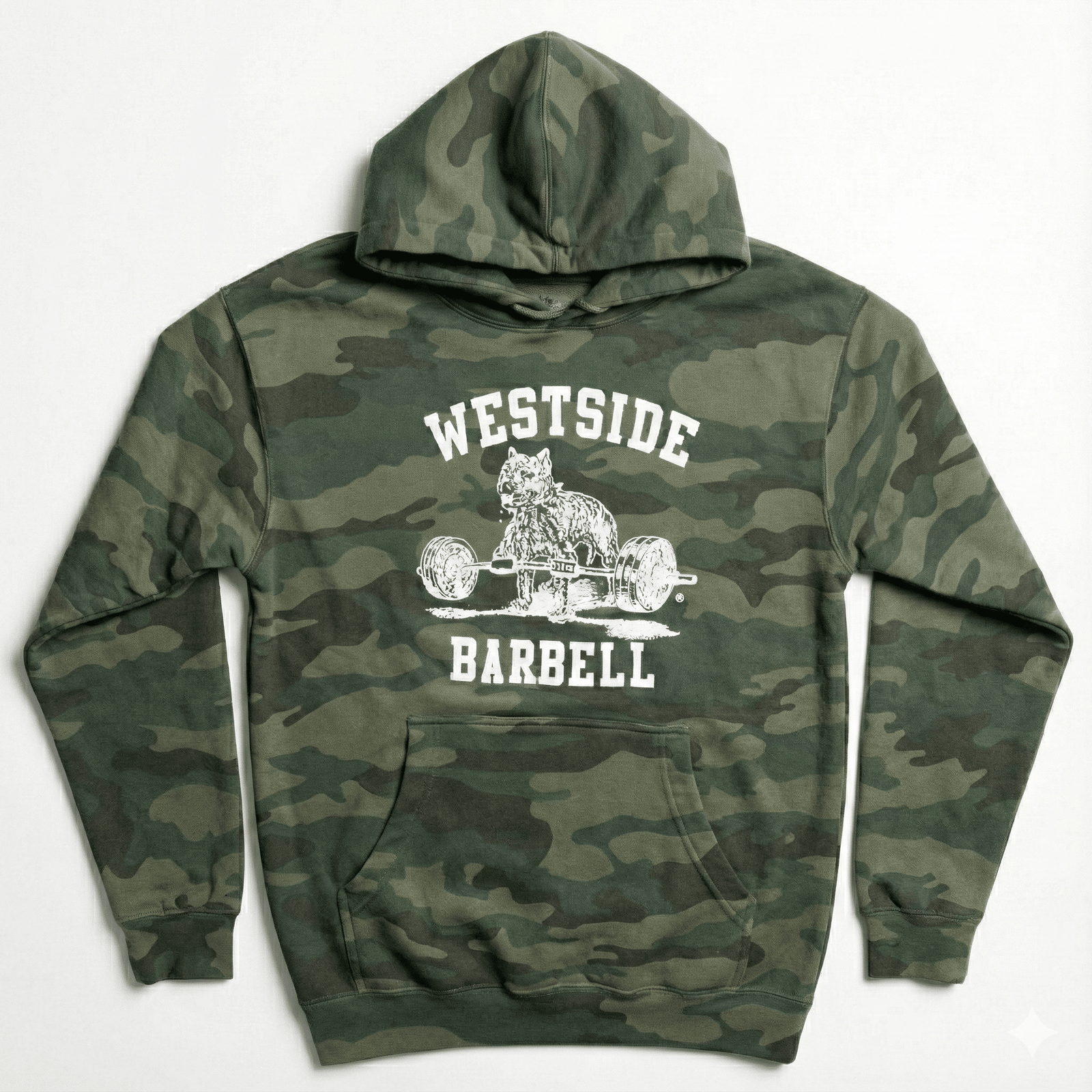 Camouflage hoodie with 'Westside Barbell' logo on a white background