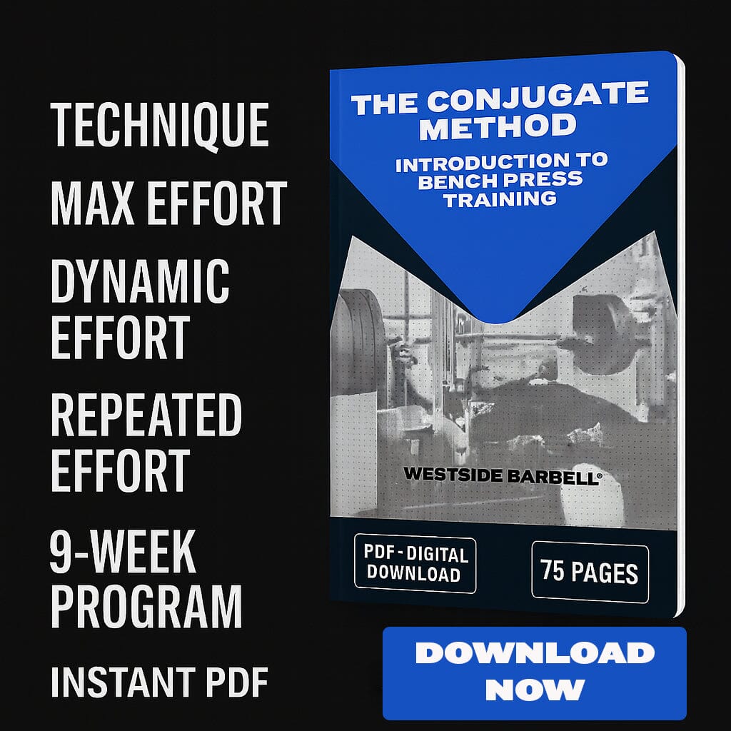 Advertisement for 'The Conjugate Method' bench press training program with text and a blue triangle on a black background.