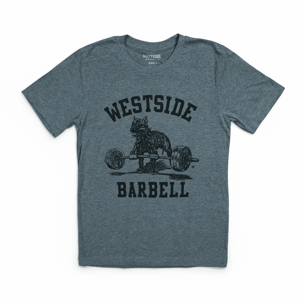 Gray t-shirt with 'Westside Barbell' graphic and text on a white background