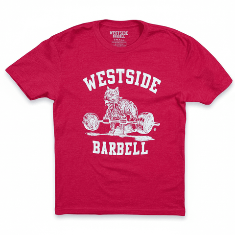 Red t-shirt with 'Westside Barbell' graphic design on a white background