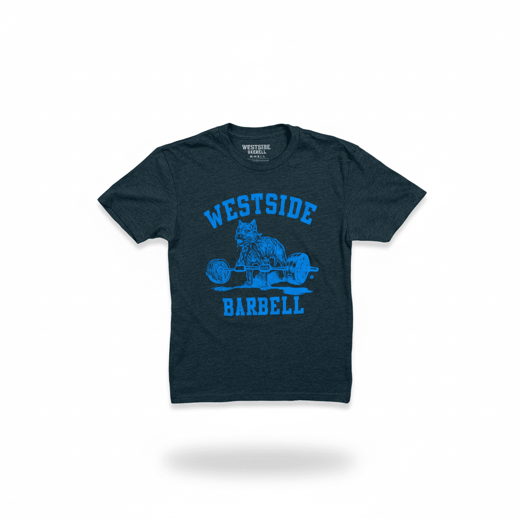 Dark gray t-shirt with blue graphic and text on a white background