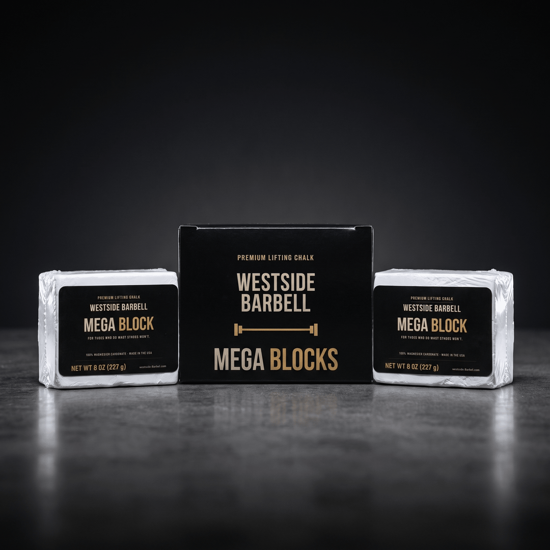 Westside Barbell Mega Block lifting chalk, 8 oz solid magnesium carbonate block in black and gold packaging