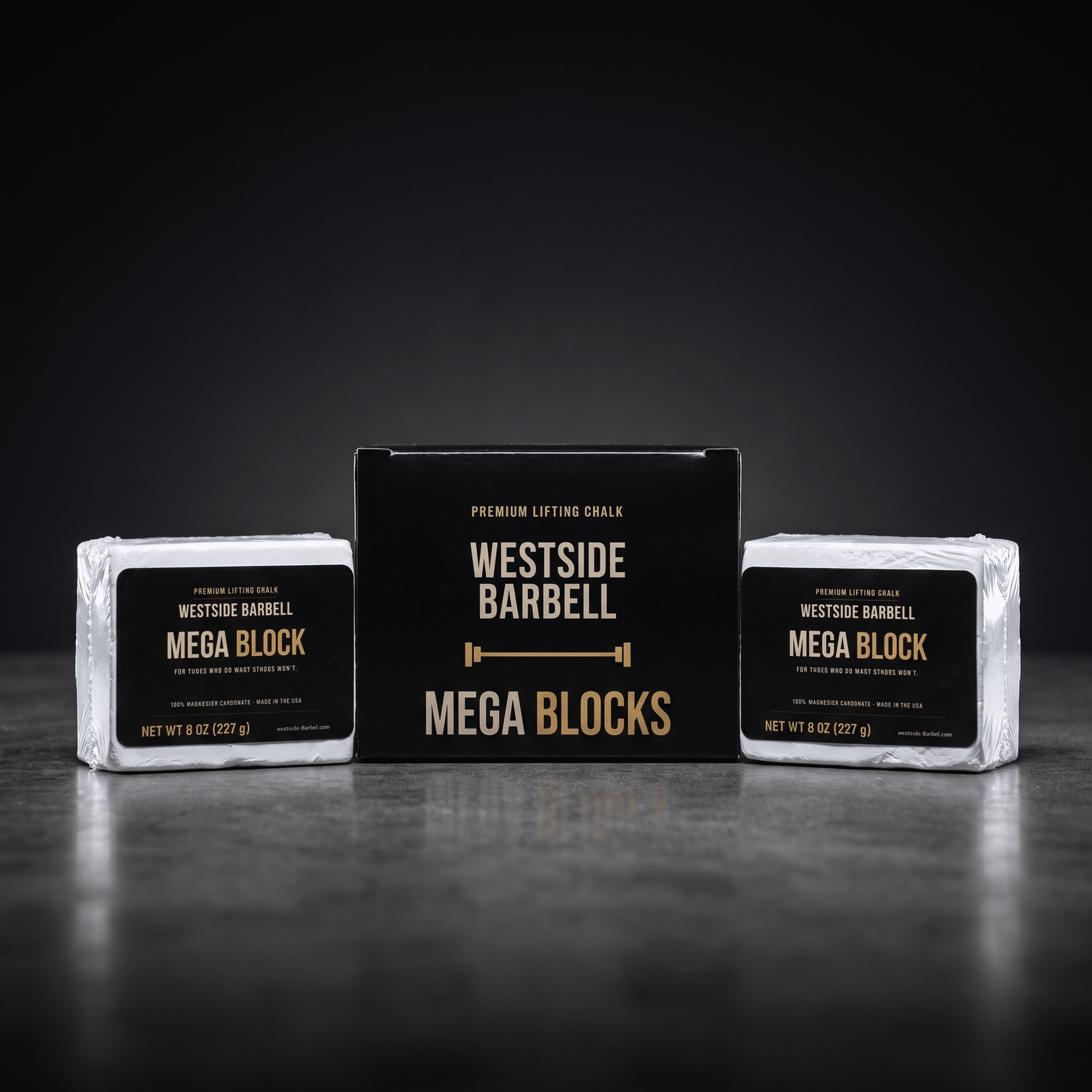 Westside Barbell Mega Block lifting chalk, 8 oz solid magnesium carbonate block in black and gold packaging