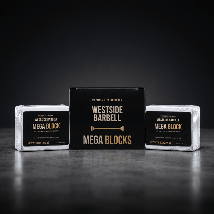 Westside Barbell Mega Block lifting chalk, 8 oz solid magnesium carbonate block in black and gold packaging