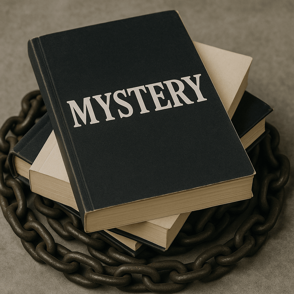 Stack of books titled 'Mystery' on a chain with a gray background-Westside Barbell