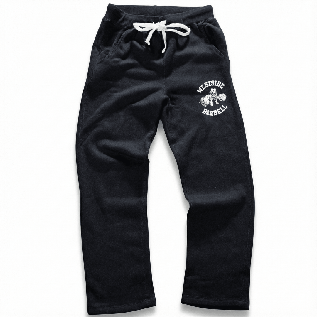 Black sweatpants with a logo on a white background