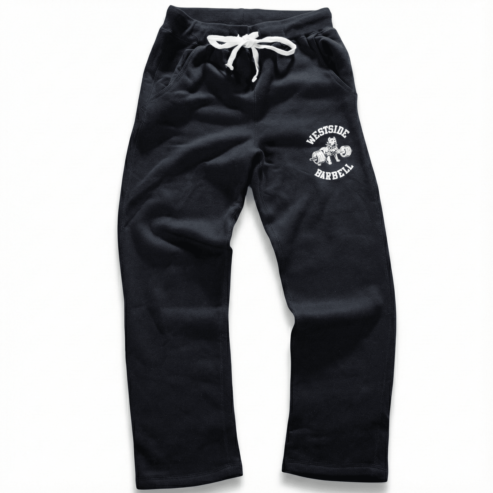 Black sweatpants with a logo on a white background