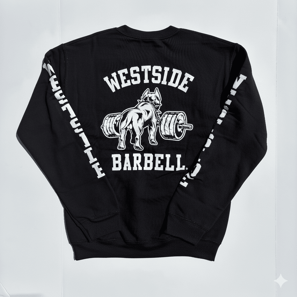 Black sweatshirt with 'Westside Barbell' logo on a white background