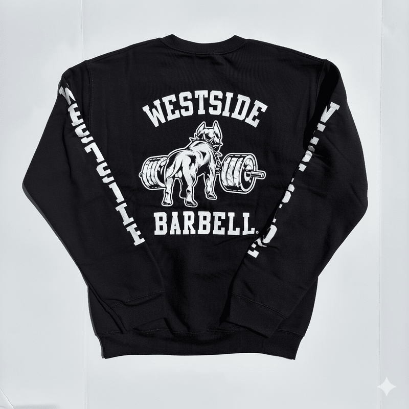 Black sweatshirt with 'Westside Barbell' logo on a white background