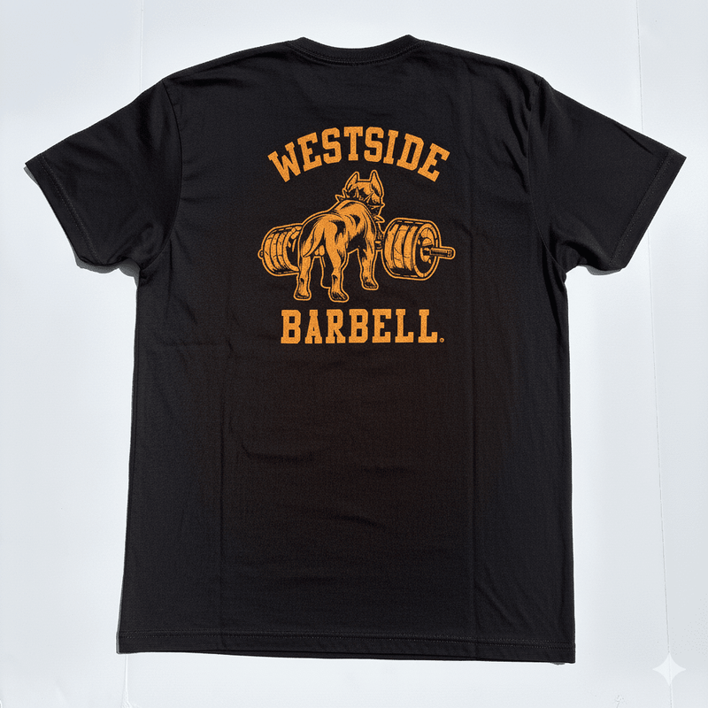 Black t-shirt with 'Westside Barbell' logo on the back against a white background