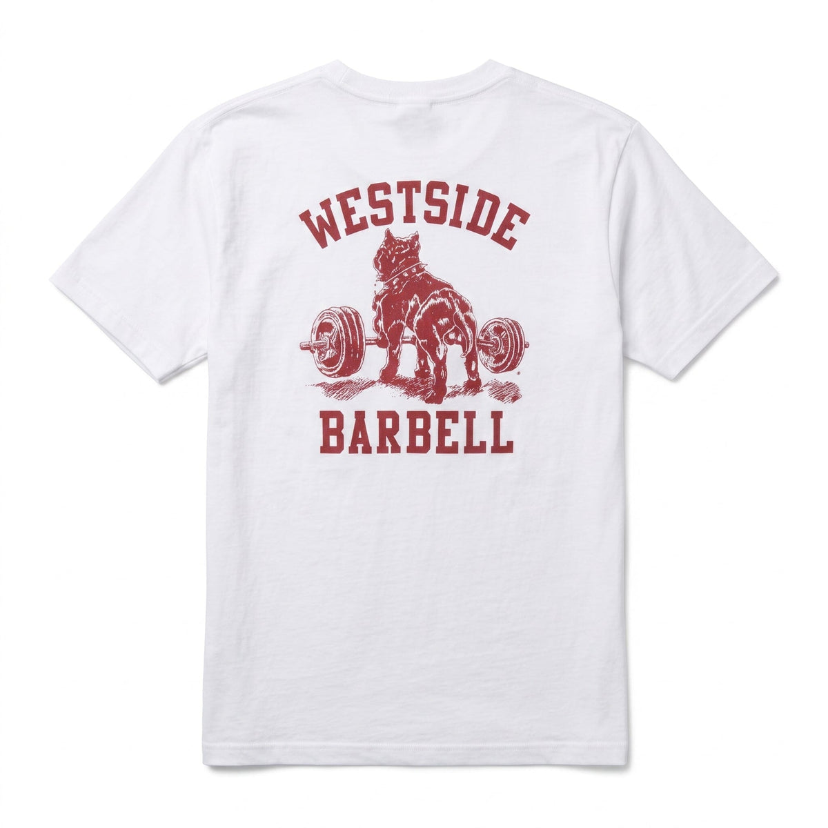 Back of the white Westside Barbell t-shirt, red rear-view Nitro the Pitbull print above Westside Barbell text