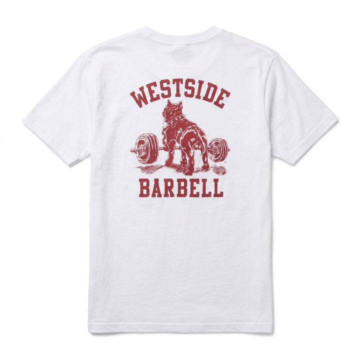 Back of the white Westside Barbell t-shirt, red rear-view Nitro the Pitbull print above Westside Barbell text