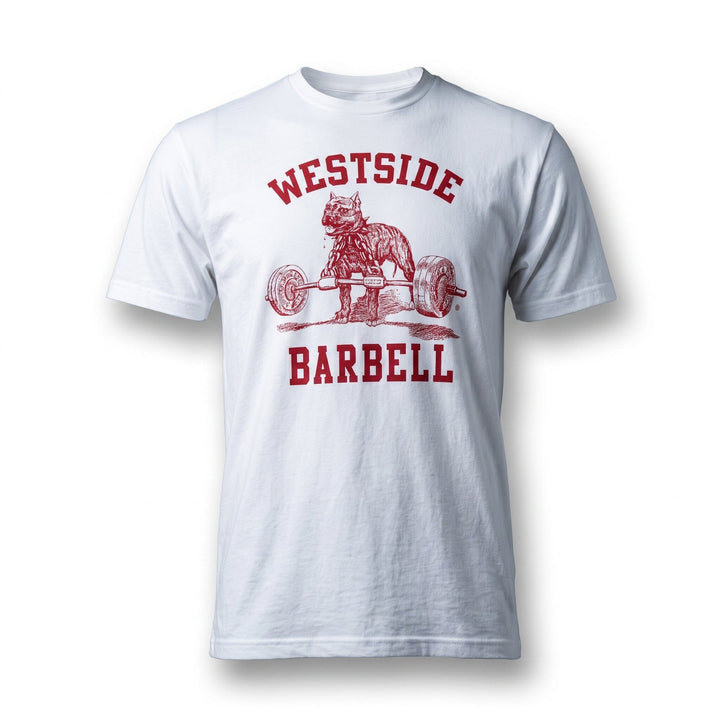 White Westside Barbell t-shirt, front view, red Nitro the Pitbull logo chained to a barbell loaded with 100 lb plates