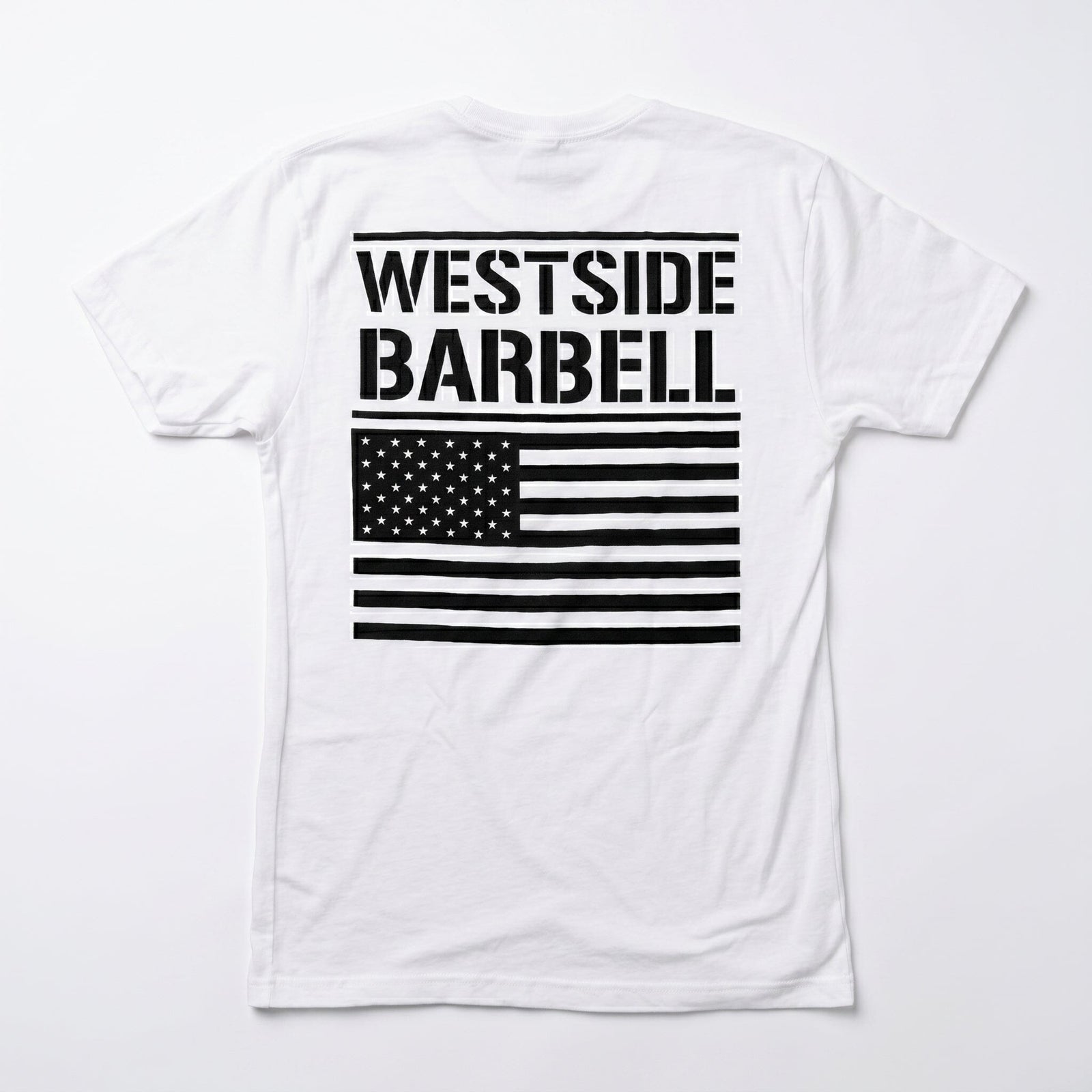 Back of the white Westside Barbell Fourth of July tee with a full American flag and Westside Barbell graphic