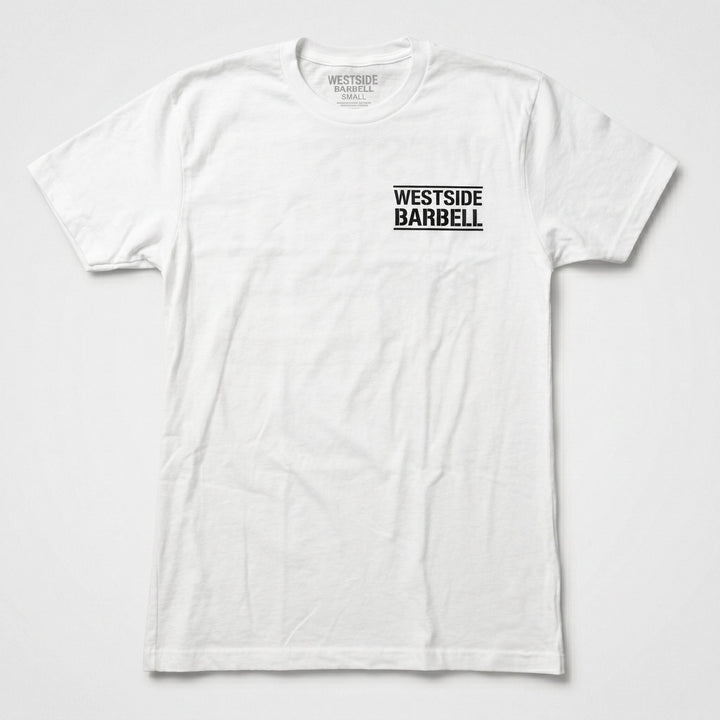 Front of the white Westside Barbell Fourth of July tee with the Westside Barbell logo on the left chest