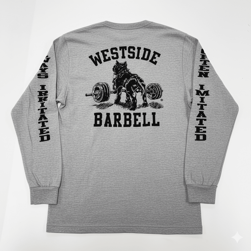 Gray long-sleeve shirt with 'Westside Barbell' graphic and text on a white background