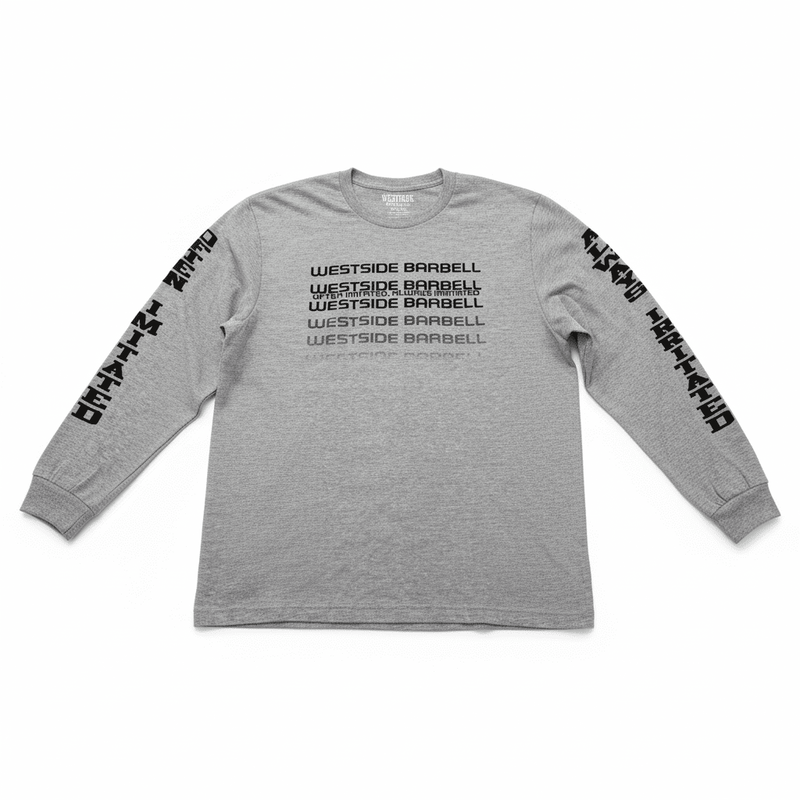 Gray long-sleeve shirt with 'Westside Barbell' branding on a white background