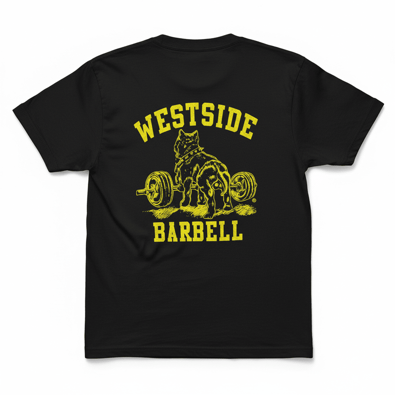 Black t-shirt with yellow 'Westside Barbell' graphic on a white background