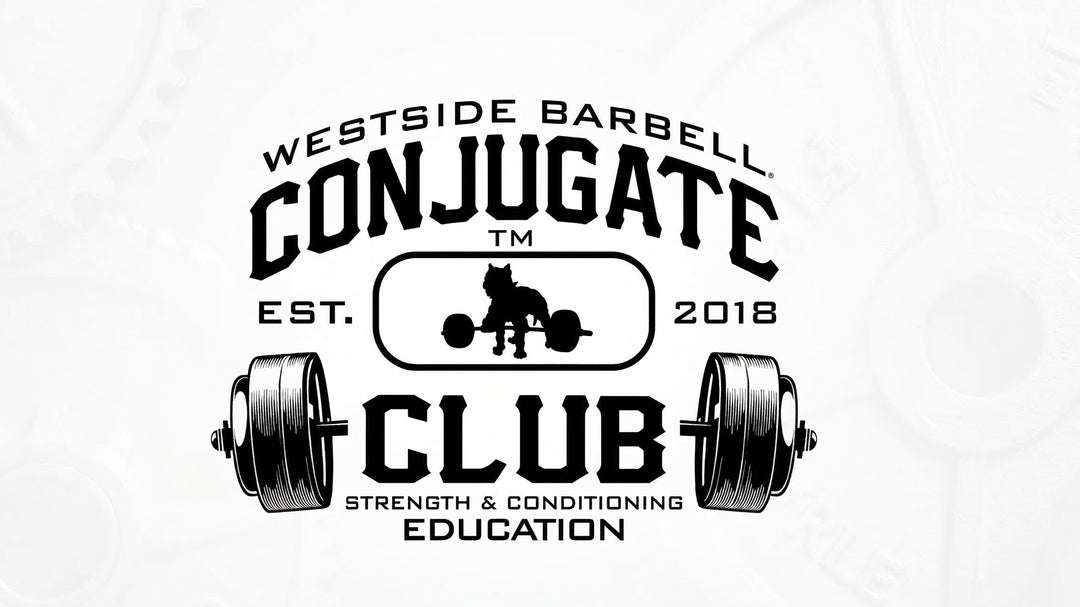 Logo of Westside Barbell Conjugate Club with barbell and weight design on a white background
