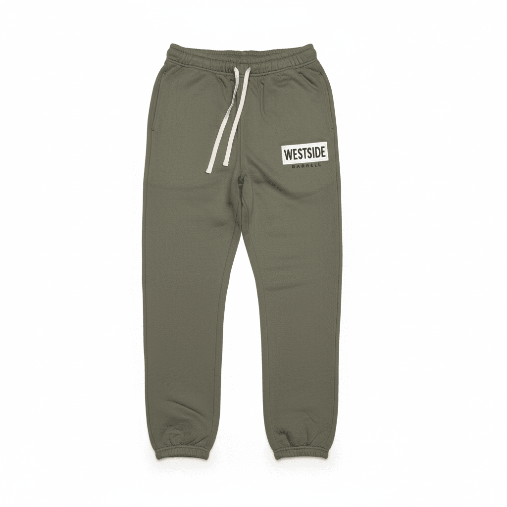 Green sweatpants with 'Westside' logo on a white background