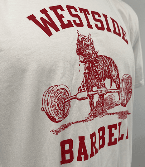 White Westside Barbell t-shirt with red print, front and back views