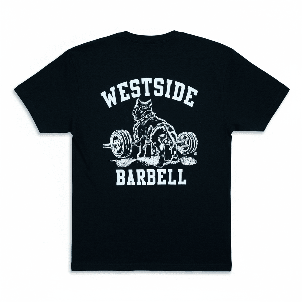 Black t-shirt with 'Westside Barbell' graphic and text on a white background