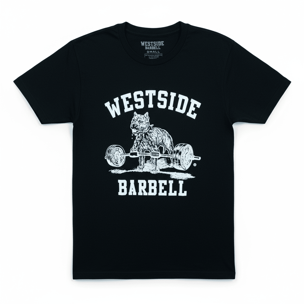 Black t-shirt with Westside Barbell logo featuring a bear lifting weights on a white background