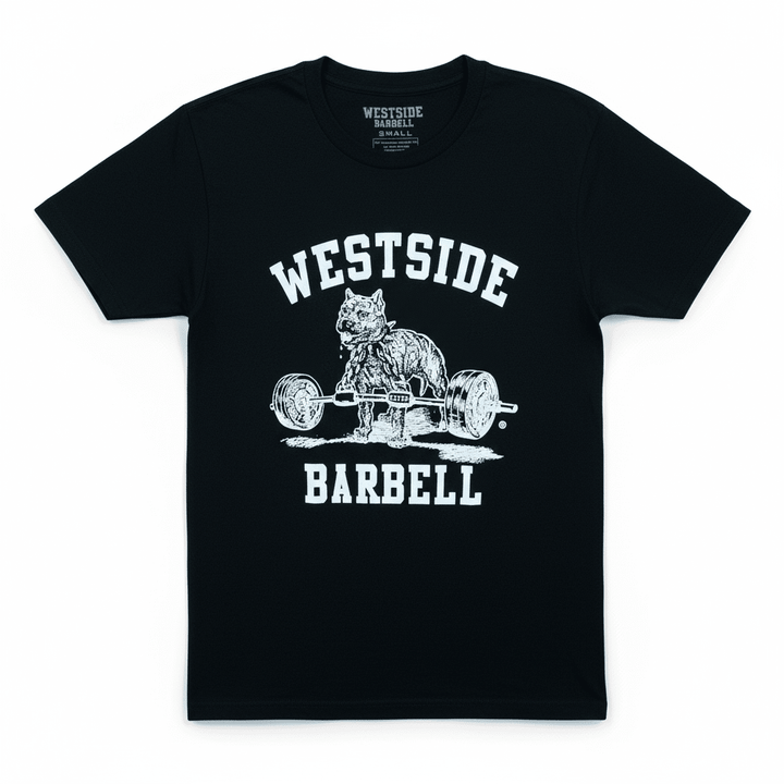 Black t-shirt with Westside Barbell logo featuring a bear lifting weights on a white background