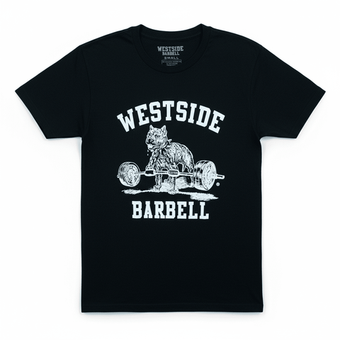 Black t-shirt with Westside Barbell logo featuring a bear lifting weights on a white background