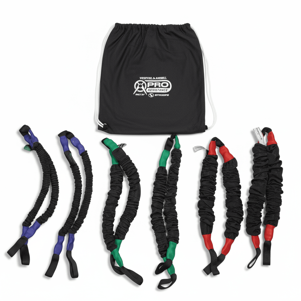 Set of resistance bands with a black drawstring bag on a white background