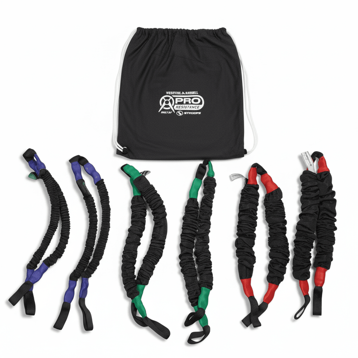 Set of resistance bands with a black drawstring bag on a white background