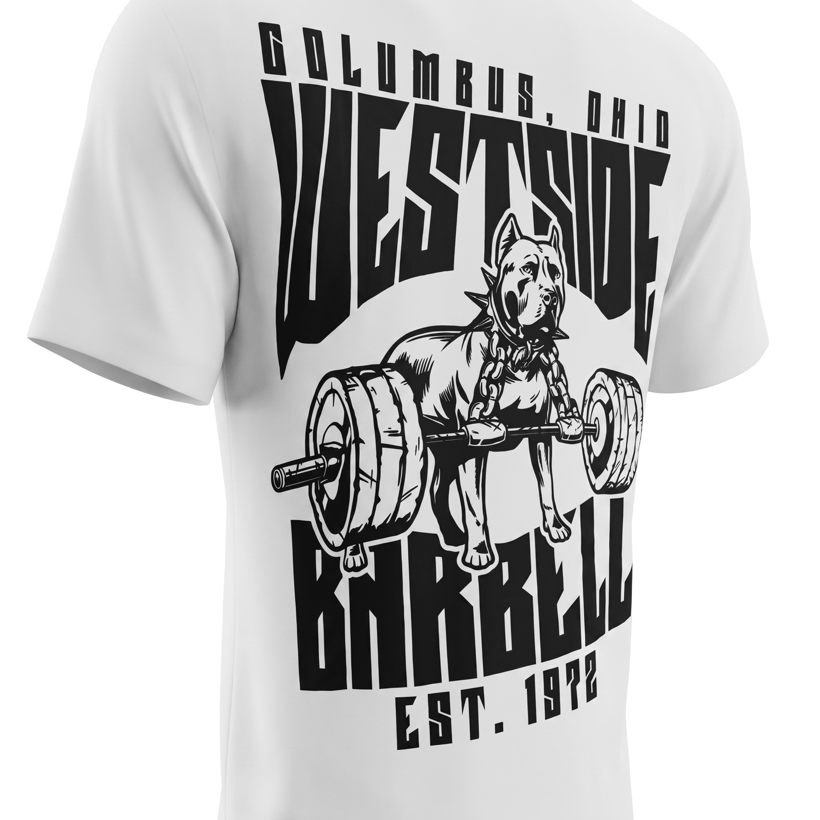 Westside Barbell Do What Others Won't Tee in white, angled back view of the screen-printed pit bull and barbell graphic