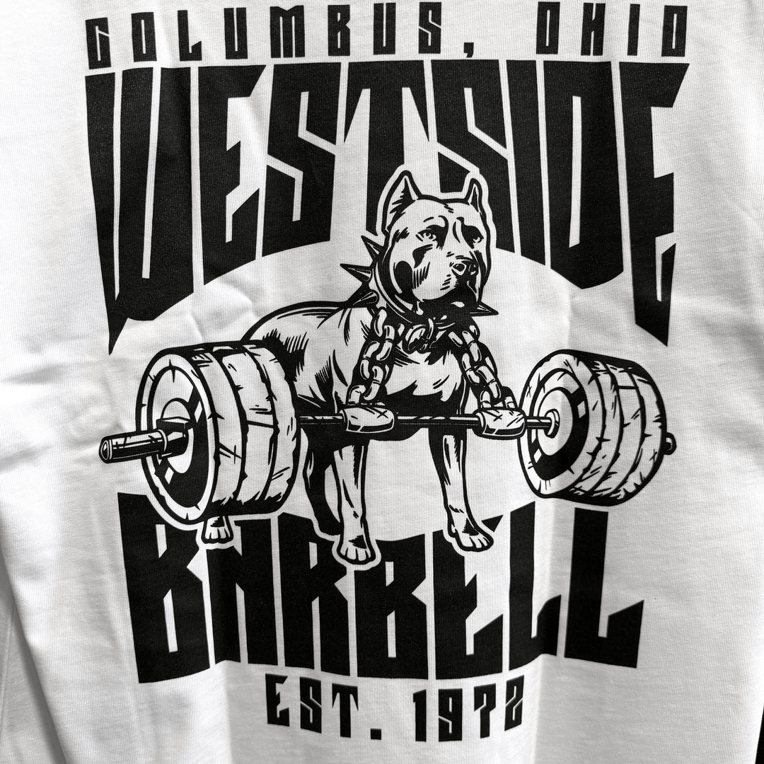 Close-up detail of the screen-printed Westside Barbell Est. 1972 pit bull graphic on the white tee