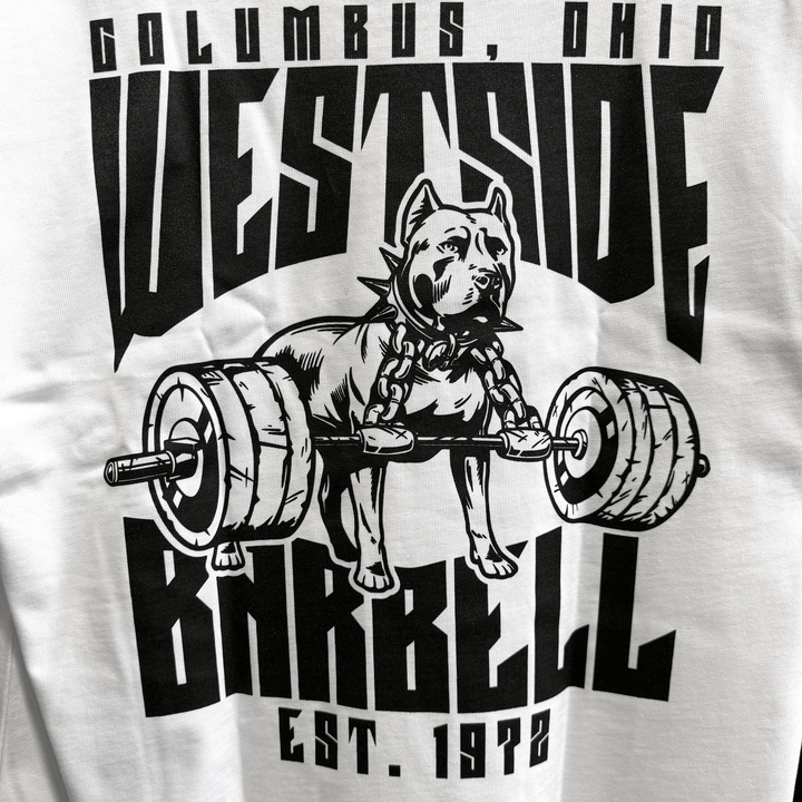 Close-up detail of the screen-printed Westside Barbell Est. 1972 pit bull graphic on the white tee