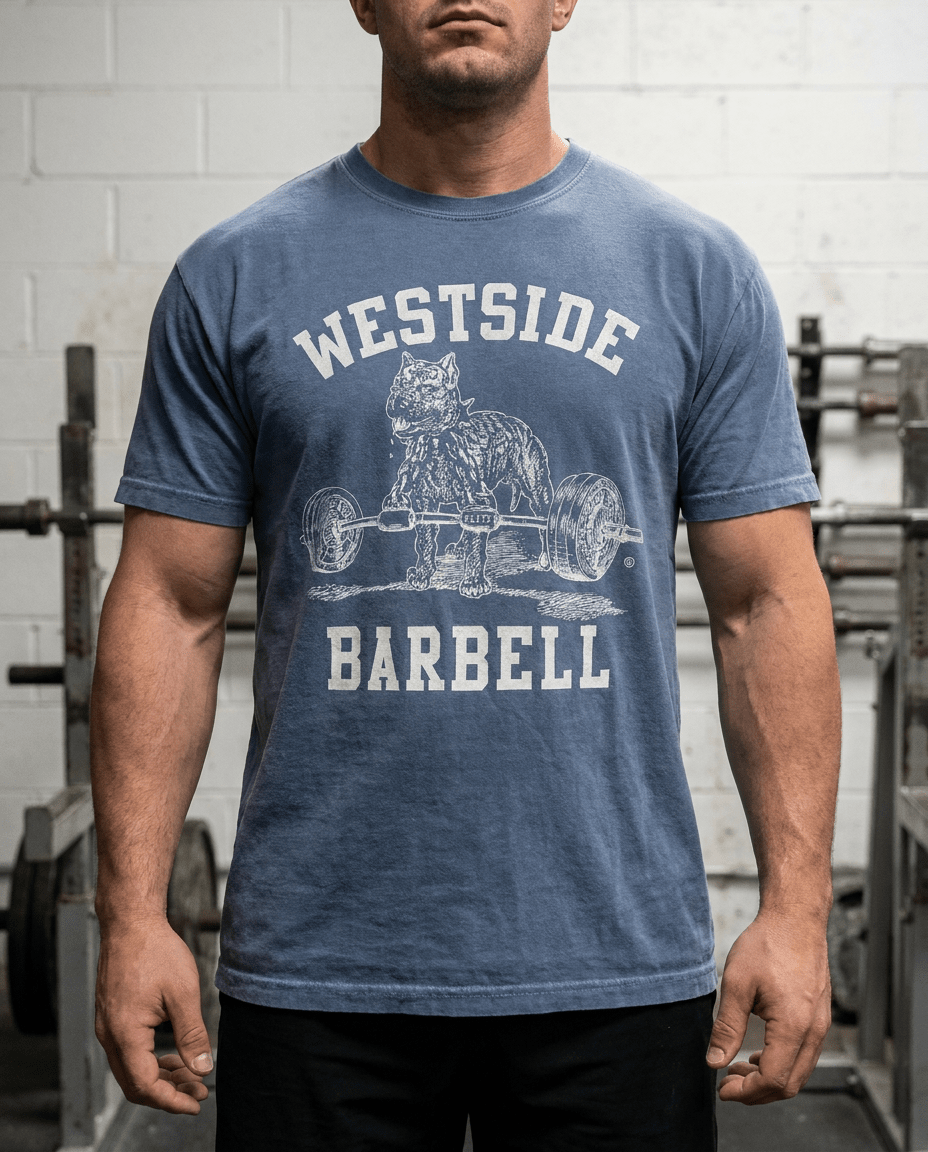 Athletic man wearing Westside Barbell washed denim blue t-shirt showing fit and front graphic in powerlifting gym
