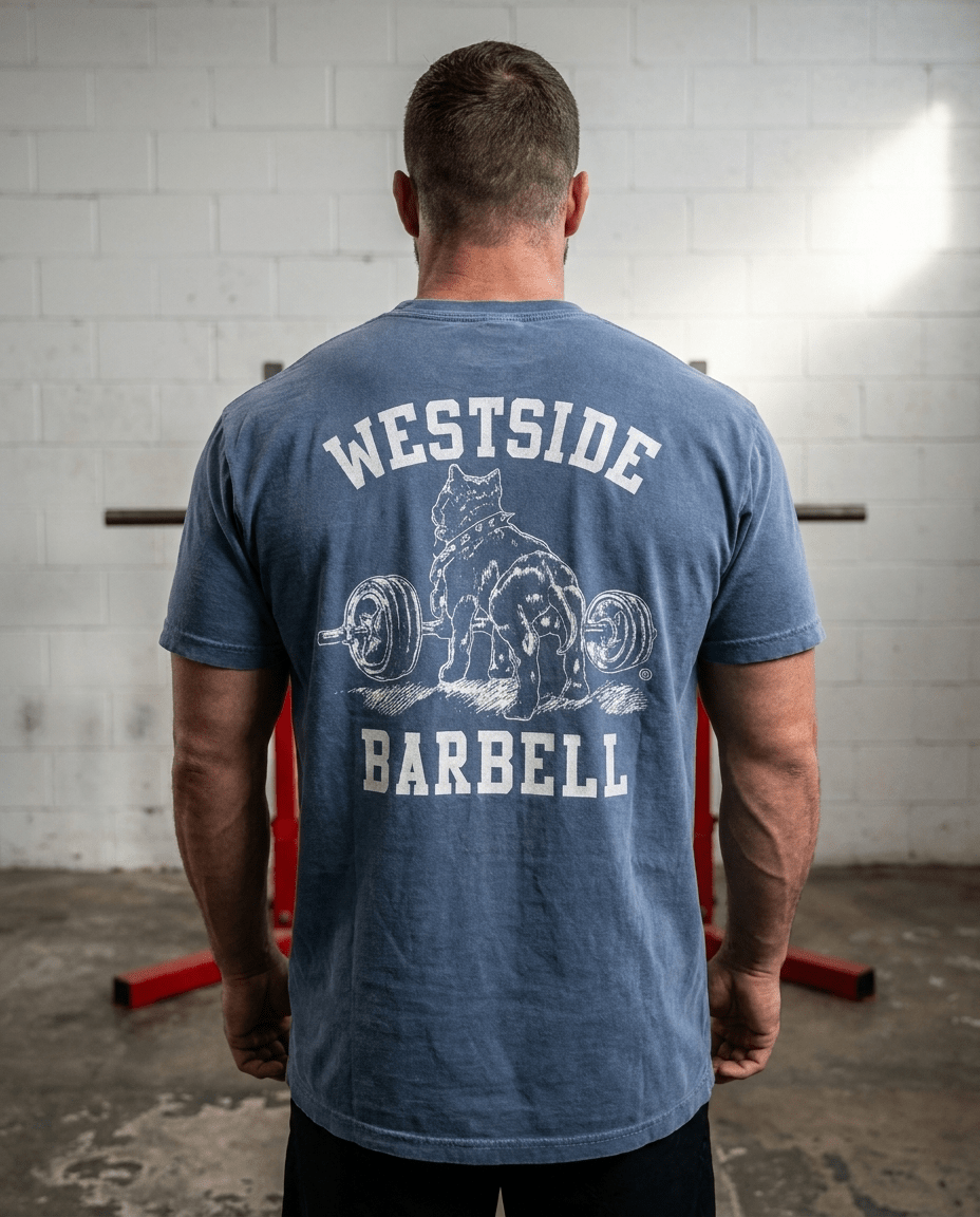 Back view of Westside Barbell washed denim t-shirt showing relaxed fit and semi-dropped shoulder