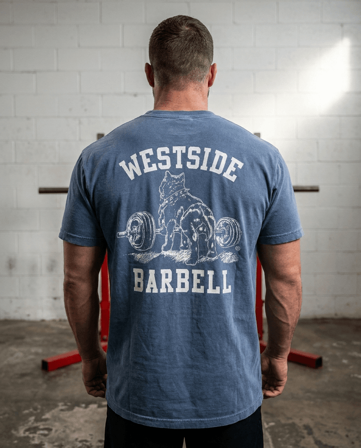 Back view of Westside Barbell washed denim t-shirt showing relaxed fit and semi-dropped shoulder
