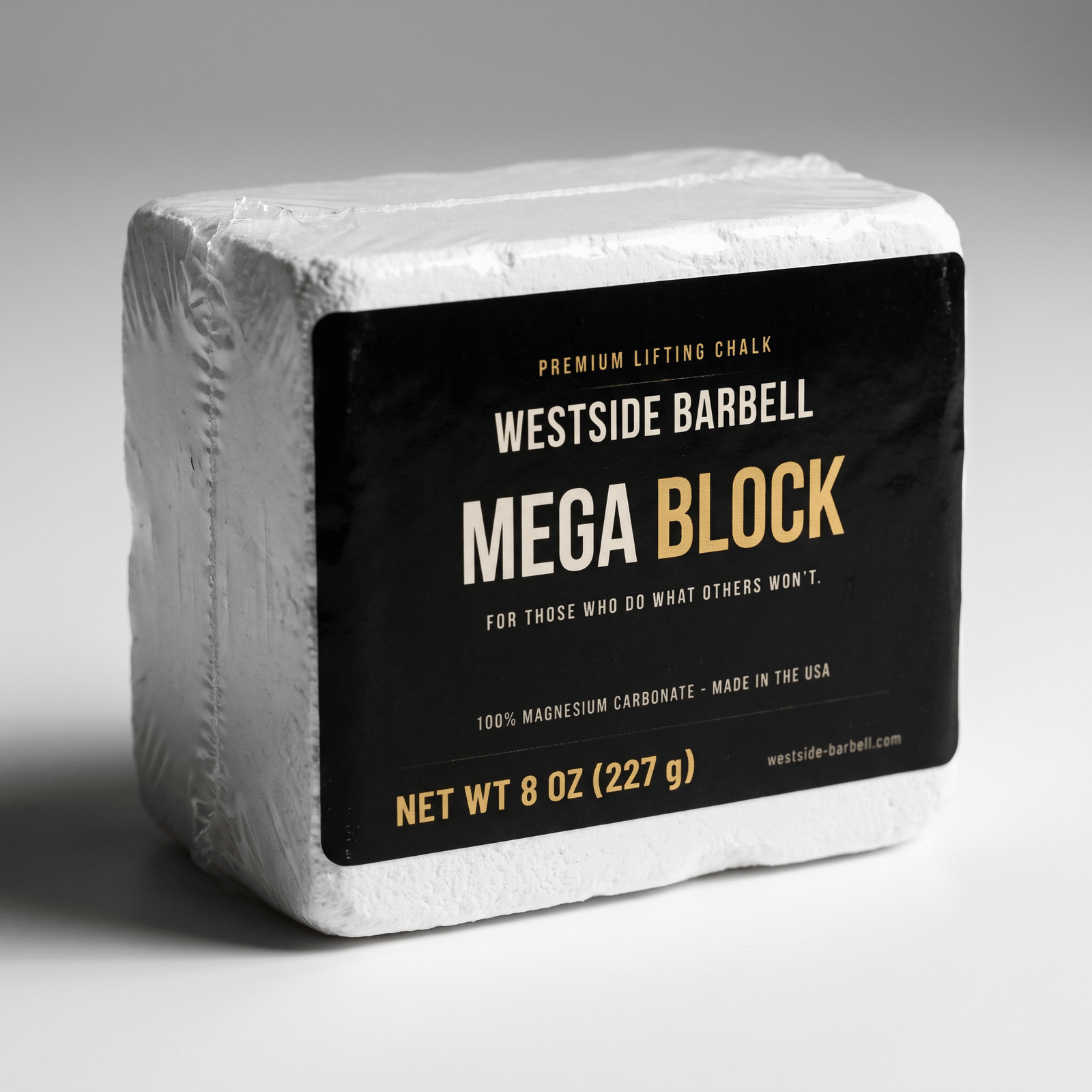 Westside Barbell Mega Block premium lifting chalk, 8 oz magnesium carbonate block shrink-wrapped with black and gold label