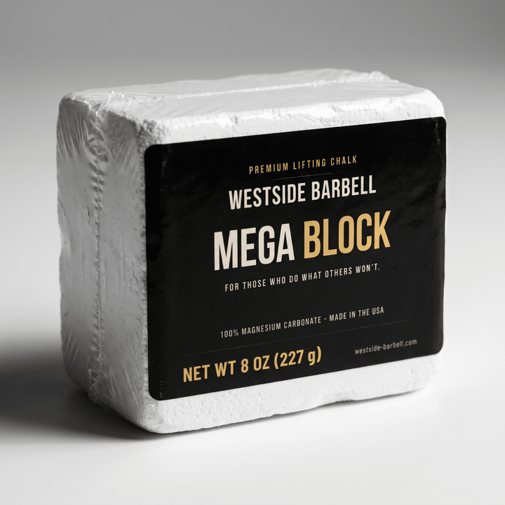Westside Barbell Mega Block premium lifting chalk, 8 oz magnesium carbonate block shrink-wrapped with black and gold label