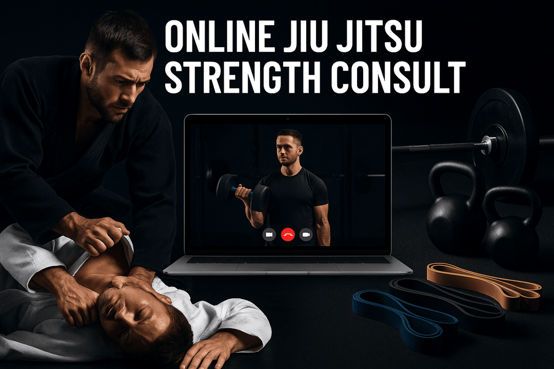 Online Jiu Jitsu strength consult advertisement with a martial artist demonstrating techniques on a laptop screen.