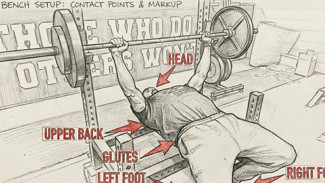 Diagram of a person bench pressing with labeled muscle groups on a wooden background.