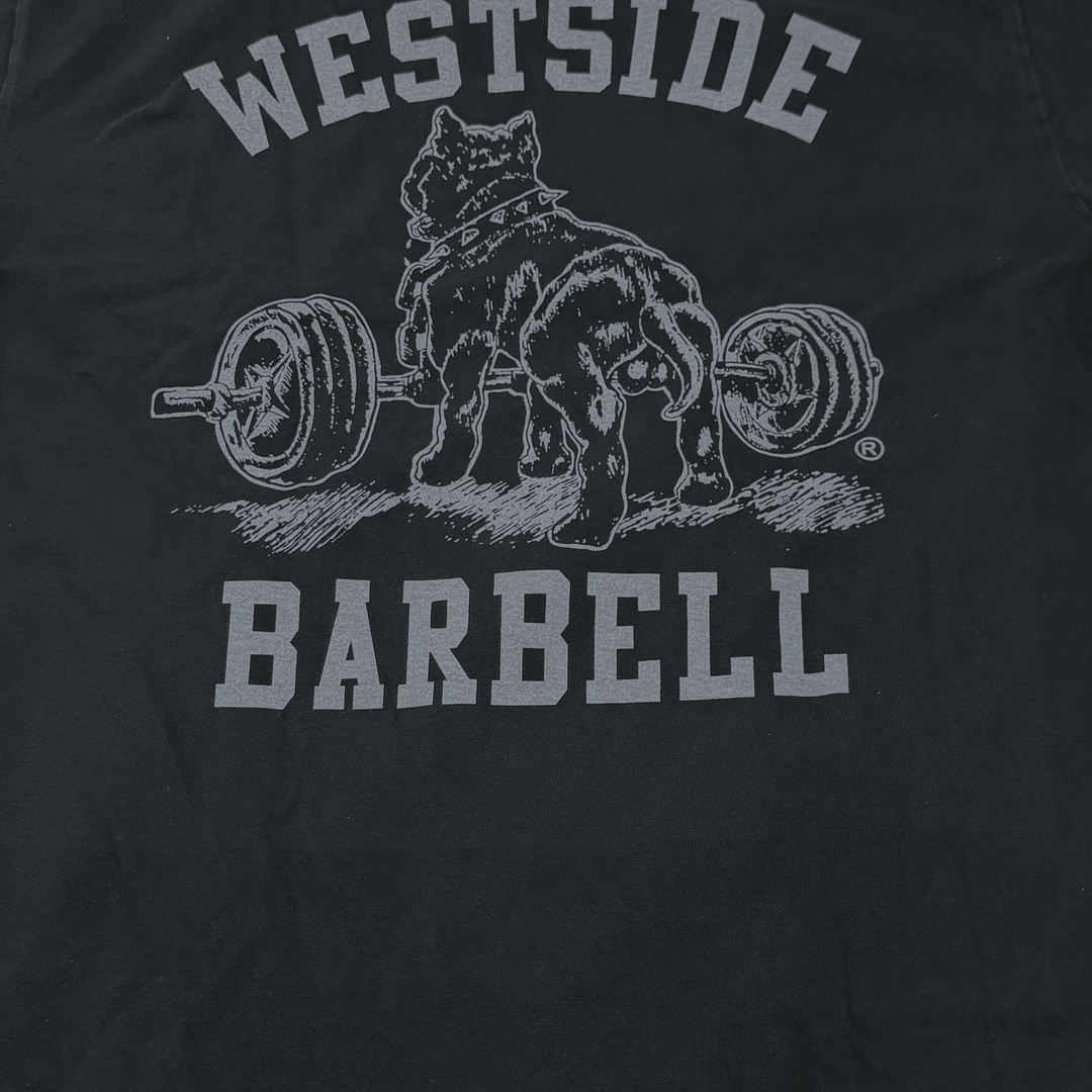 Close-up detail of the Nitro pitbull back print on the washed black tee