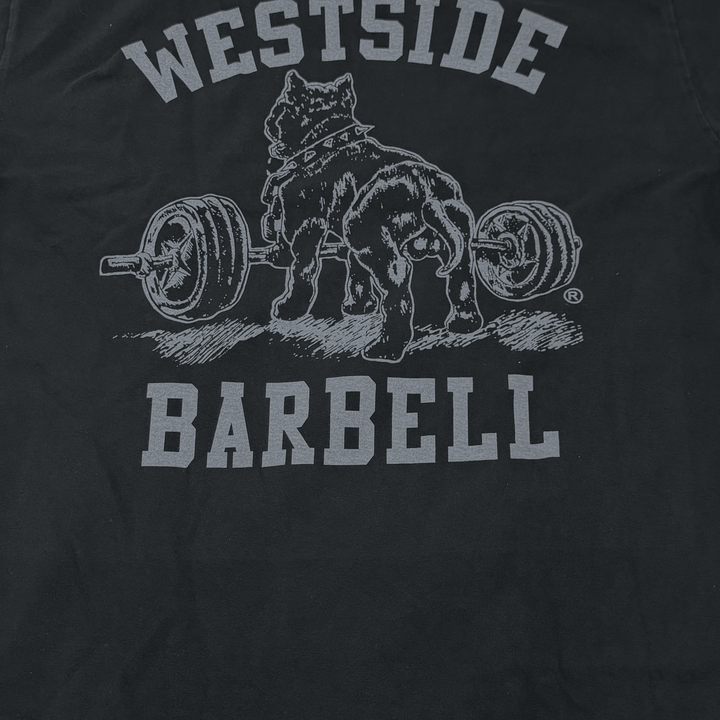Close-up detail of the Nitro pitbull back print on the washed black tee