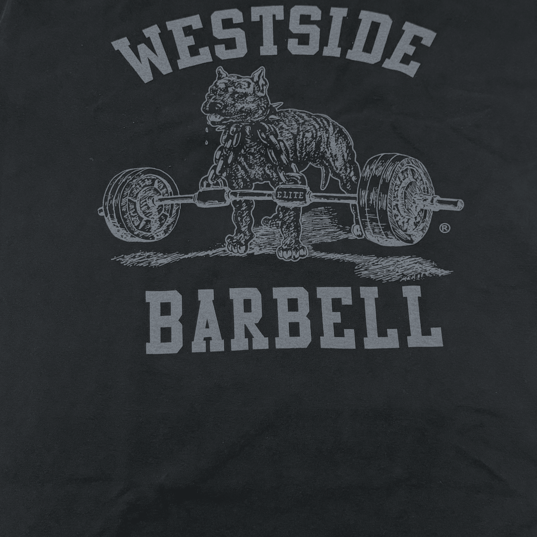 Close-up detail of the Nitro pitbull front print on the washed black tee